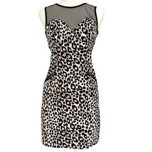 Leopard Print Mesh Yoke Bodycon Mini Dress Exposed Zipper Womens S